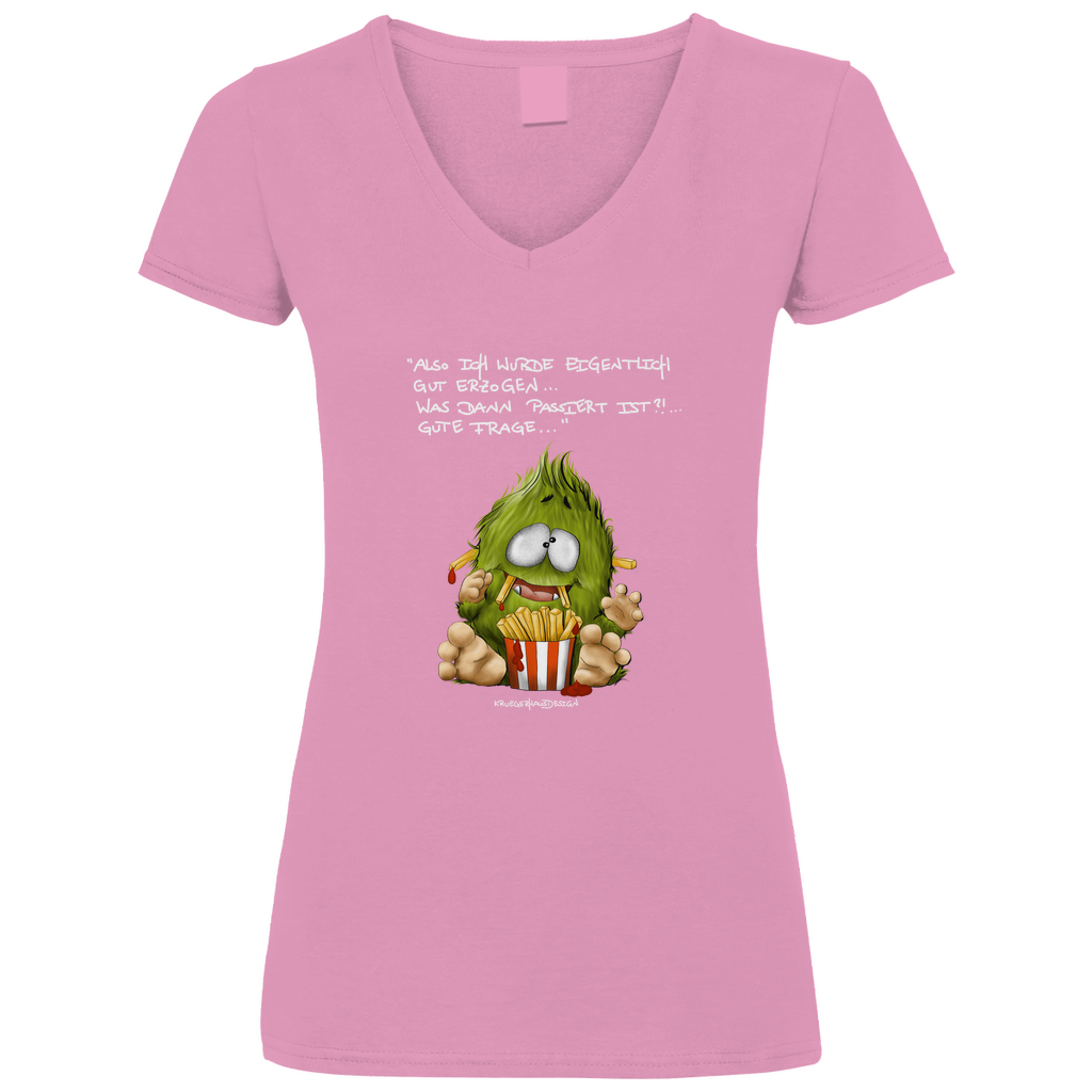 Damen Basic V-Neck T-Shirt, Kruegerhausdesign Monster Spruch helle Schrift, also eigentlich bin ich gut... 297a