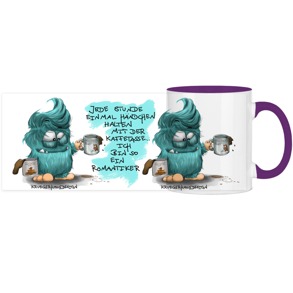 Tasse, Kaffeetasse, Teetasse, zweifarbig, Kruegerhausdesign Monster mit Spruch, 2.Variante, Jede Stunde einmal ....