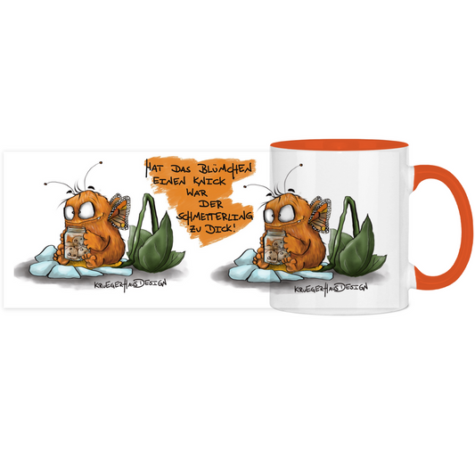 Tasse, Kaffeetasse, Teetasse, zweifarbig, Kruegerhausdesign Monster mit Spruch, 2. Variante, Hat das Blümchen...