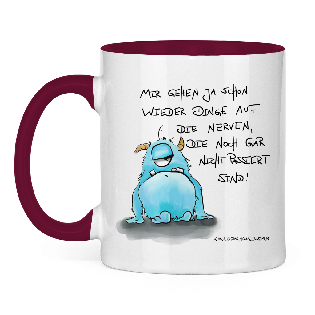 Tasse zweifarbig,Kaffeetasse, Teetasse, Kruegerhausdesign Monster mit Spruch, Mir gehen ja schon wieder Dinge auf die Nerven... #59