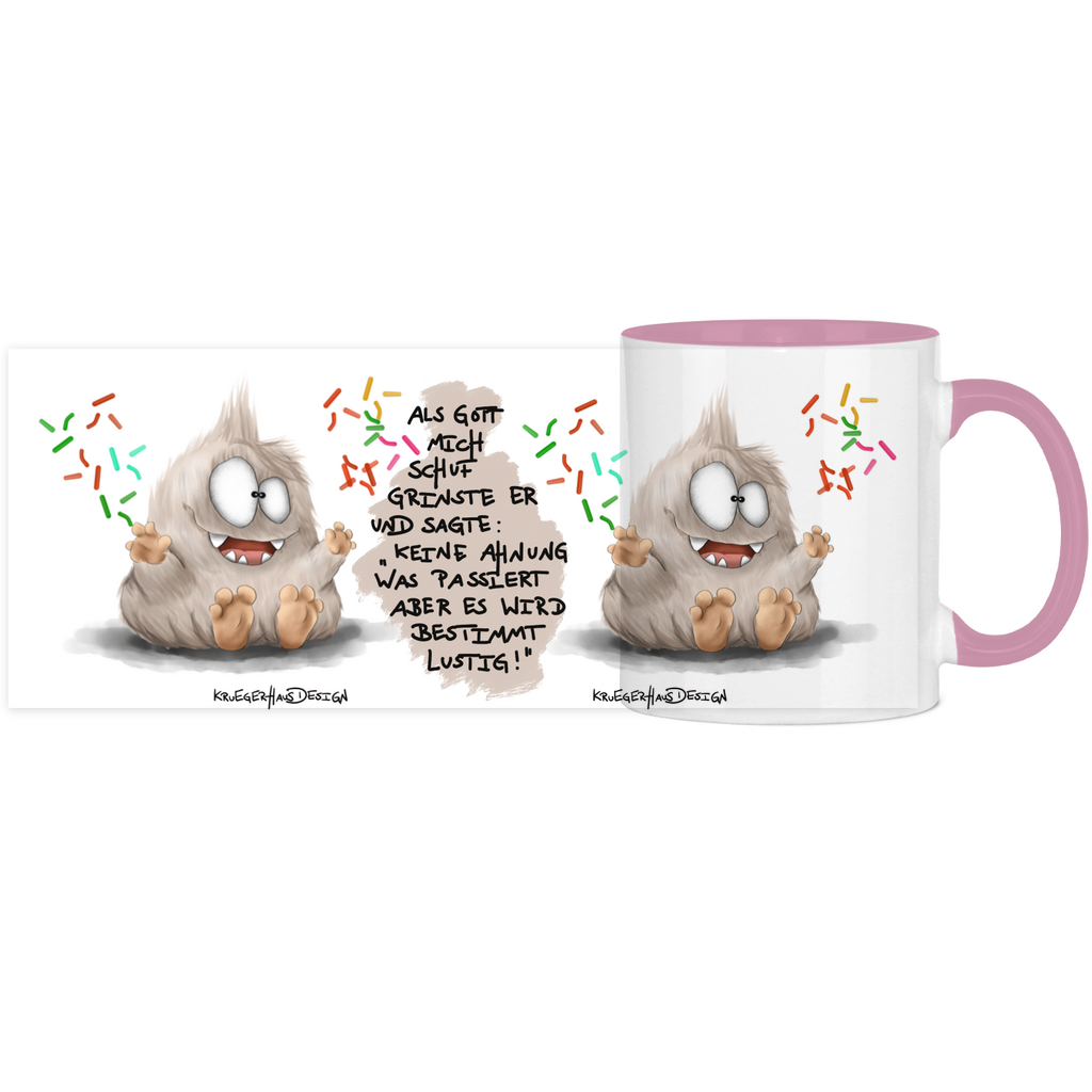 Tasse, Kaffeetasse, Teetasse, Kruegerhausdesign Monster mit Spruch, zweifarbig, 2. Vqariante, Als Gott mich schuf...