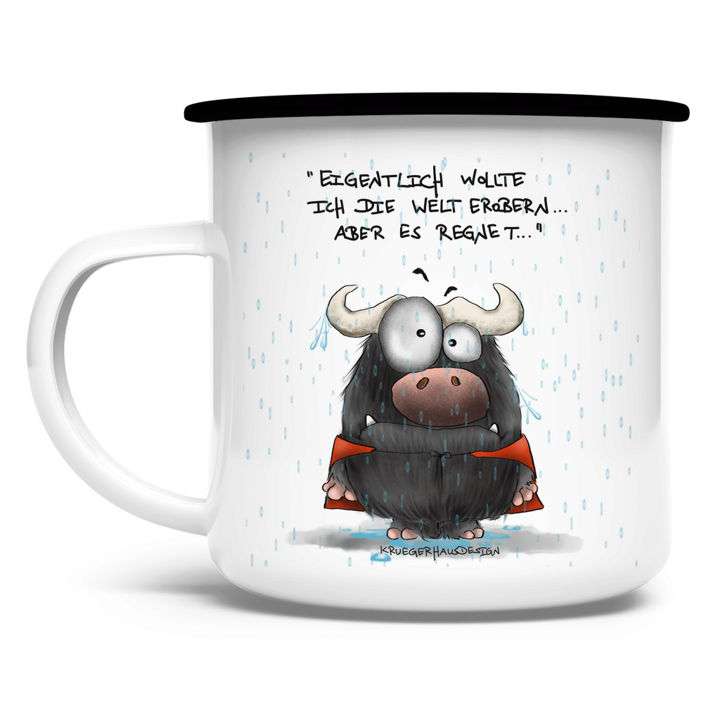 Emaille Tasse, Outdoor, Camping, Kruegerhausdesign Monster mit Spruch, Eigentlich wollte ich die Welt...  #163