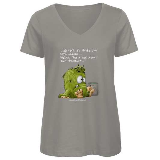 Damen Premium Bio V-Neck T-Shirt,SLIM FIT!, Kruegerhausdesign Monster Spruch, helle Schrift, Ich war so stolz ... 298a