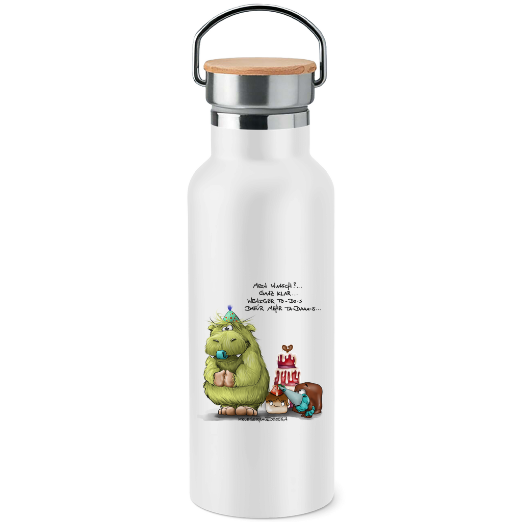 Edelstahl-Trinkflasche mit Bambusdeckel,  Kruegerhausdesign mit Monster und Spruch, Mein Wunsch... #317