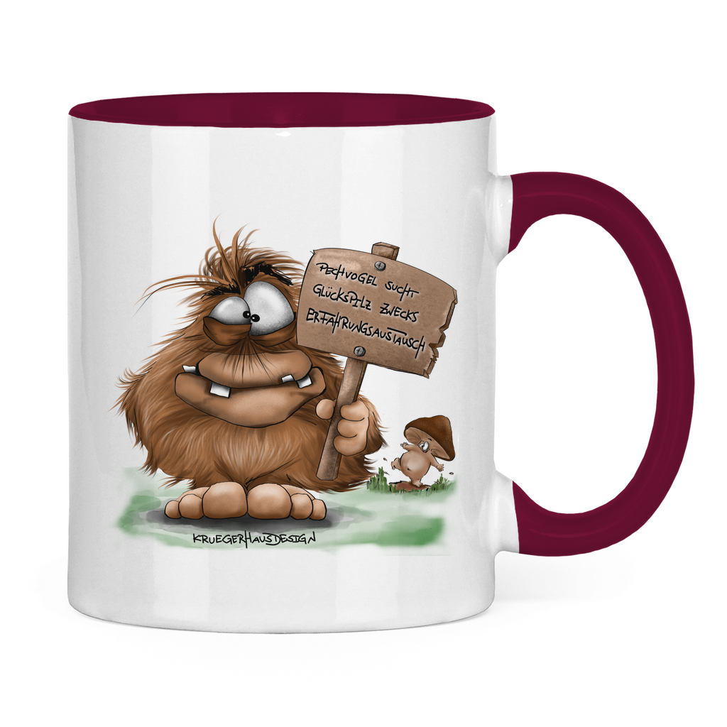 Tasse zweifarbig, Kaffeetasse, Teetasse, Kruegerhausdesign Monster mit Spruch, Pechvogel und Glückspilz