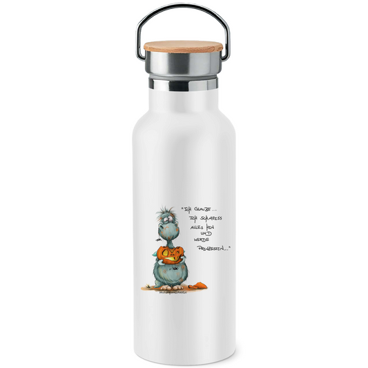 Edelstahl-Trinkflasche mit Bambusdeckel, Kruegerhausdesign Monster mit Spruch, Ich glaub ich schmeiss alles hin... #313