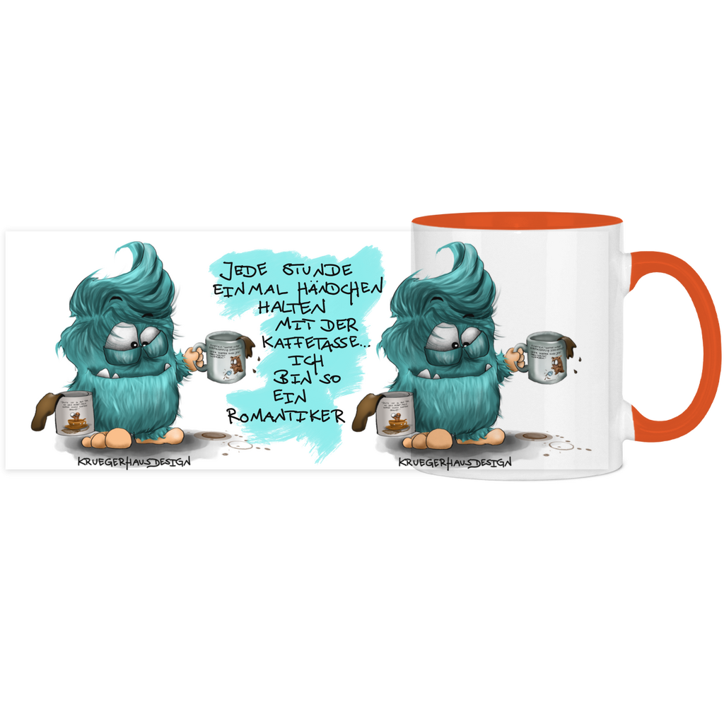 Tasse, Kaffeetasse, Teetasse, zweifarbig, Kruegerhausdesign Monster mit Spruch, 2.Variante, Jede Stunde einmal ....
