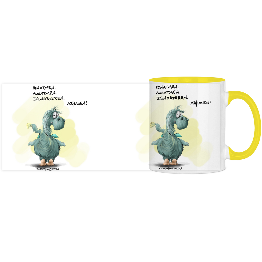 Tasse, Kaffeetasse, zweifarbig, Kruegerhausdesign Monster und Spruch "Einatmen. Ausatmen..." Volldruck