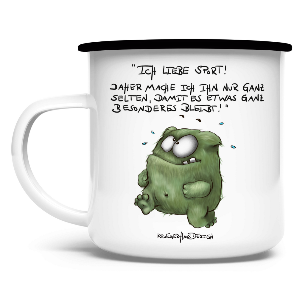 Emaille Tasse, Outdoor, Camping, Kruegerhausdesign Monster und Spruch, Ich liebe Sport! ... #27