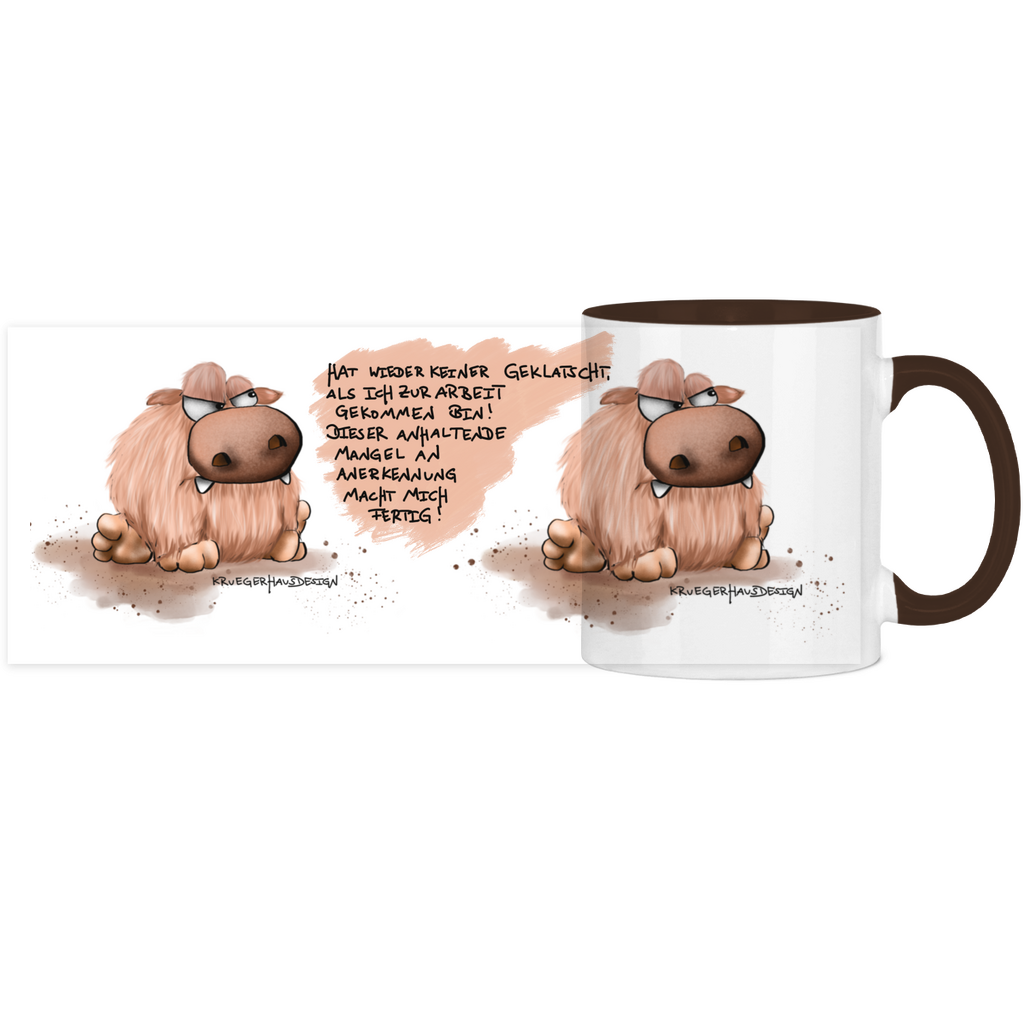 Tasse, Kaffeetasse zweifarbig, Kruegerhausdesign mit Monster und Spruch „Hat wieder keiner geklatscht…“ Volldruck, 2. Variante