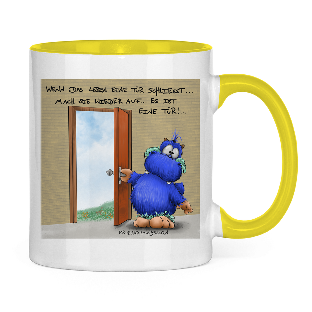 Tasse zweifarbig, Kaffeetasse, Teetasse, Kruegerhausdesign mit Monster und Spruch, Wenn das Leben eine Tür schliesst... #316
