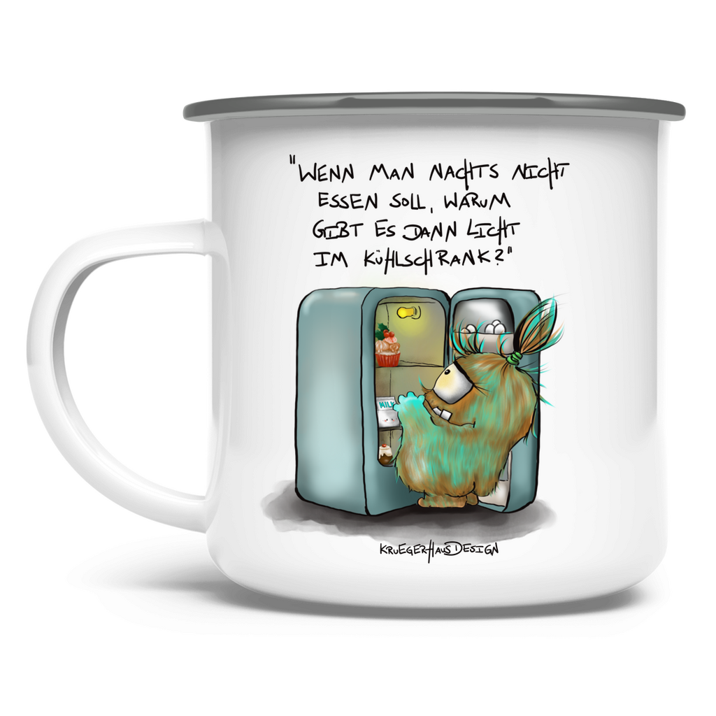 Emaille Tasse, Outdoor, Camping, Kruegerhausdesign Monster mit Spruch, Wenn man nachts nicht essen soll... #43