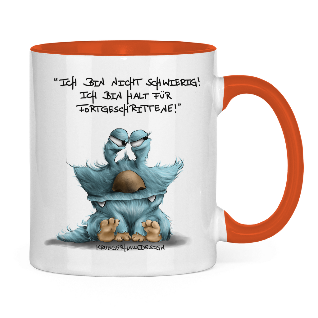 Tasse zweifarbig, Kaffeetasse, Teetasse, Kruegerhausdesign Monster mit Spruch, Ich bin nicht schwierig... #311