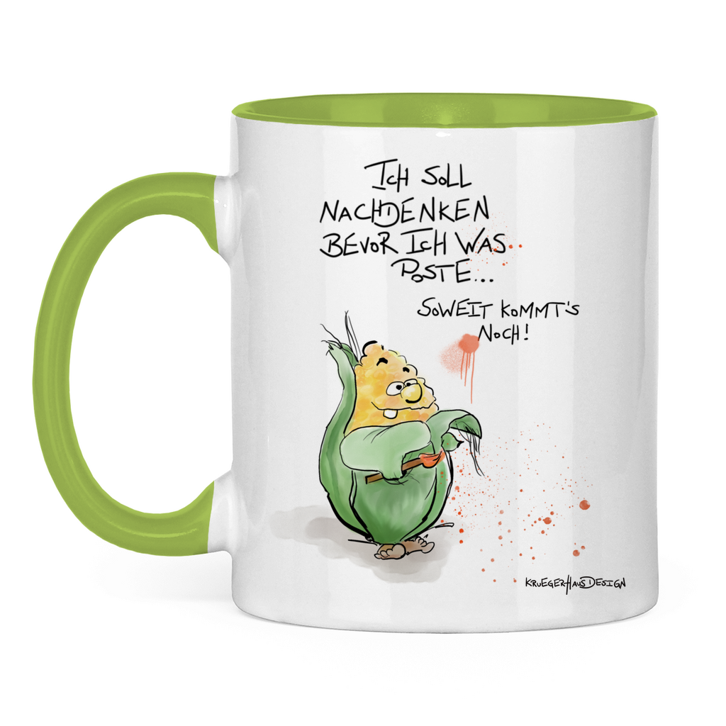 Tasse zweifarbig, Kaffeetasse, Teetasse, Kruegerhausdesign Monster mit Spruch, Ich soll nachdenken bevor ich was... #8