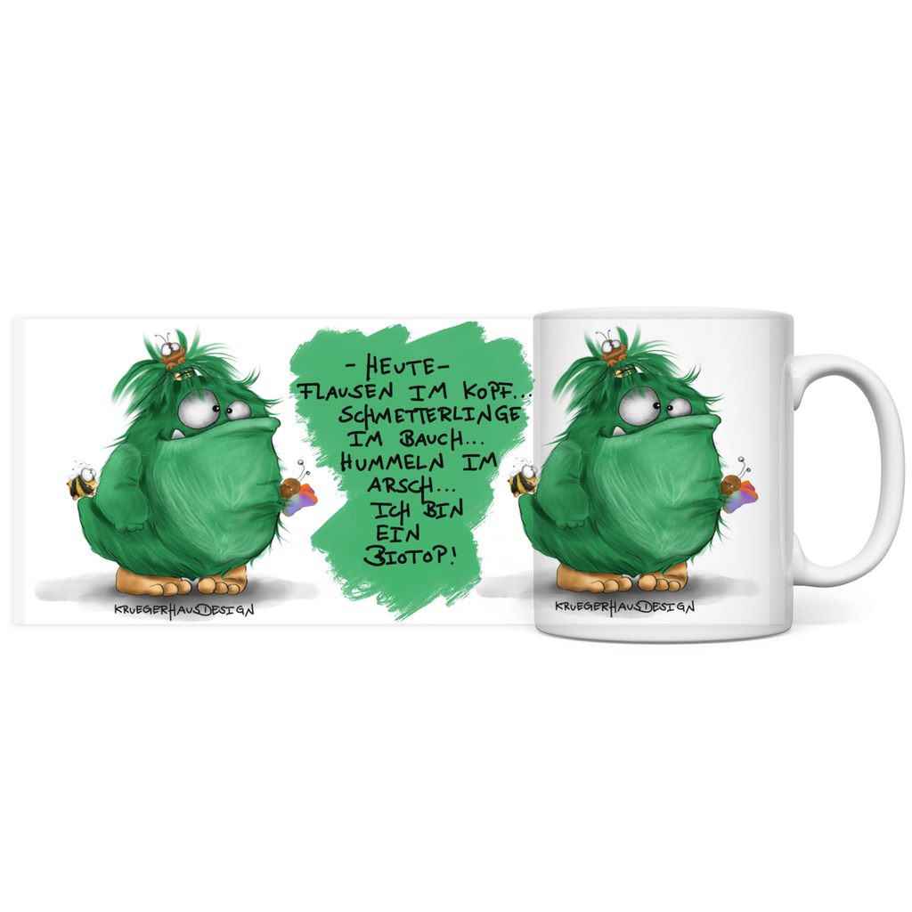 Tasse, Kaffeetasse, Teetasse, Kruegerhausdesign Monster mit Spruch, 2. Variante, Flausen im Kopf, Schmetterlinge...