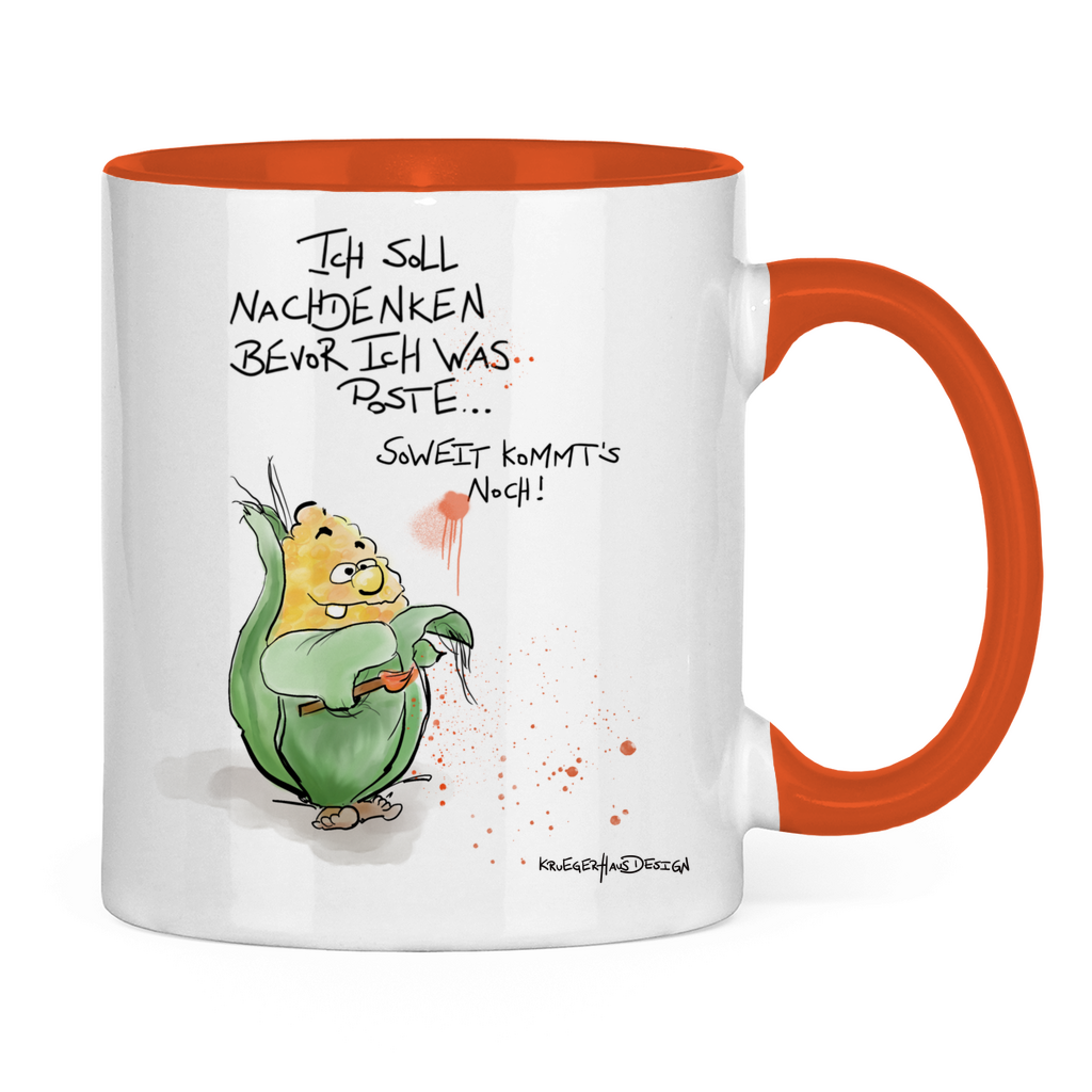 Tasse zweifarbig, Kaffeetasse, Teetasse, Kruegerhausdesign Monster mit Spruch, Ich soll nachdenken bevor ich was... #8