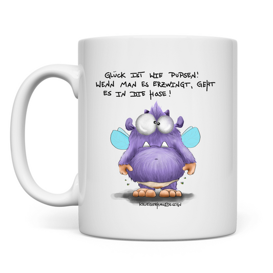 Tasse, Kaffeetasse, Teetasse, Kruegerhausdesign Monster mit Spruch, Glück ist wie Pupsen!... #139