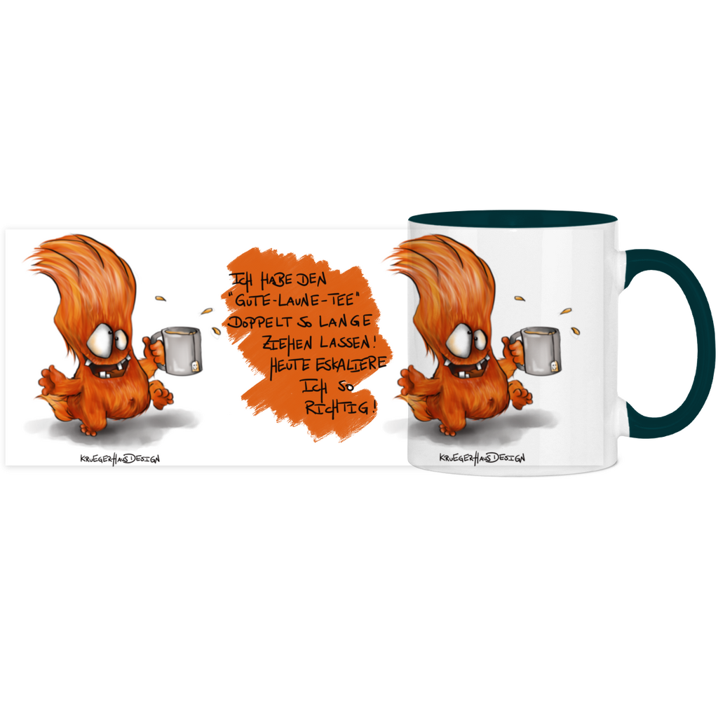 Tasse, Kaffeetasse, Teetasse, zweifarbig, Kruegerhausdesign Monster mit Spruch, 2. Variante, Ich hab den Gute-Laune-Tee...