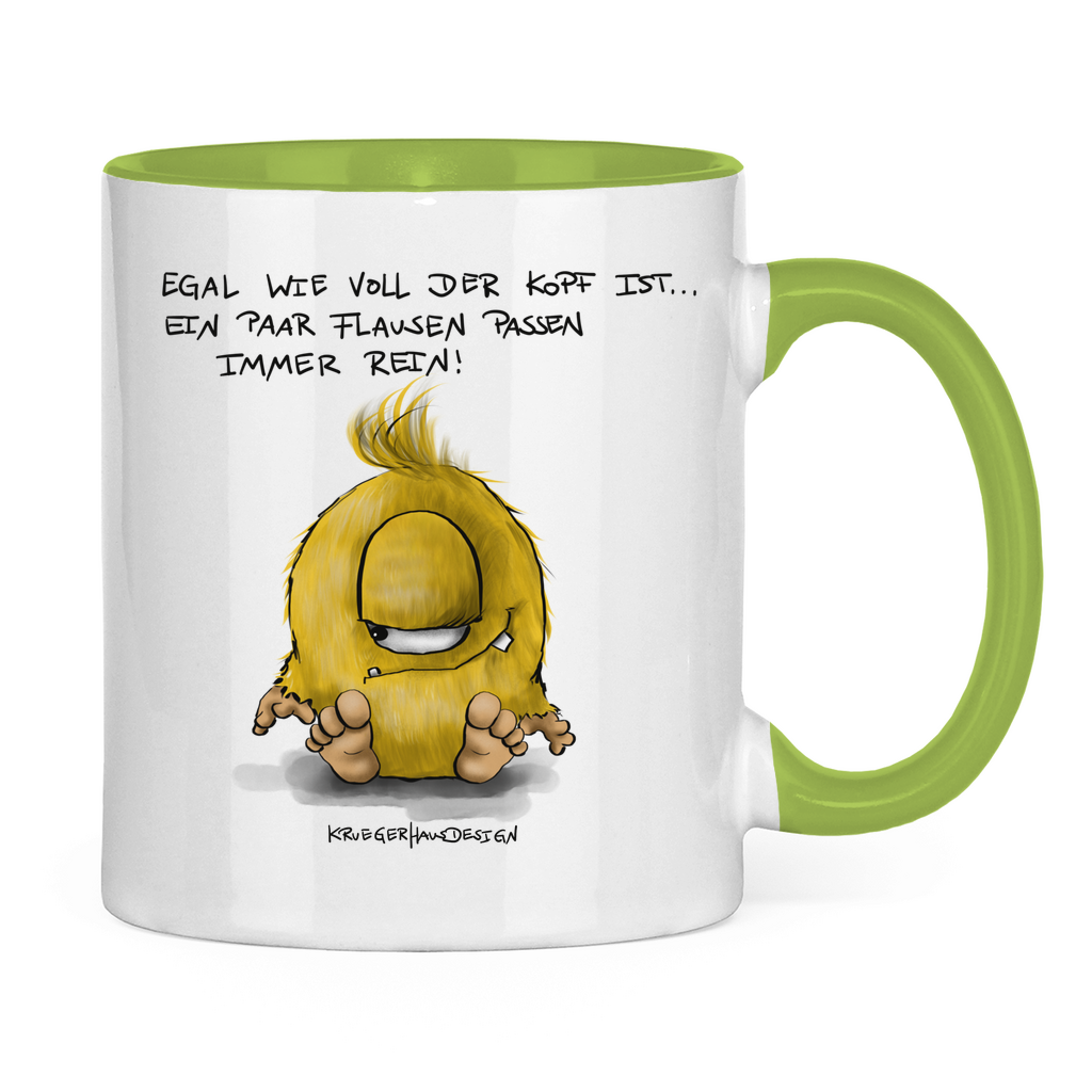 Tasse zweifarbig, Kaffeetasse, Teetasse, Kruegerhausdesign Monster und Spruch, Egal wie voll der Kopf ist, ein paar Flausen... #79