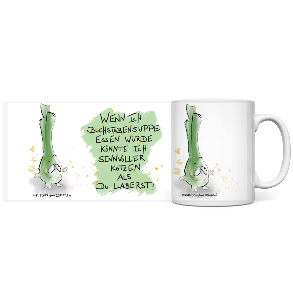 Tasse, Kaffeetasse, Teetasse, Kruegerhausdesign Monster mit Spruch, 2. Variante, Wenn ich Buchstabensuppe...