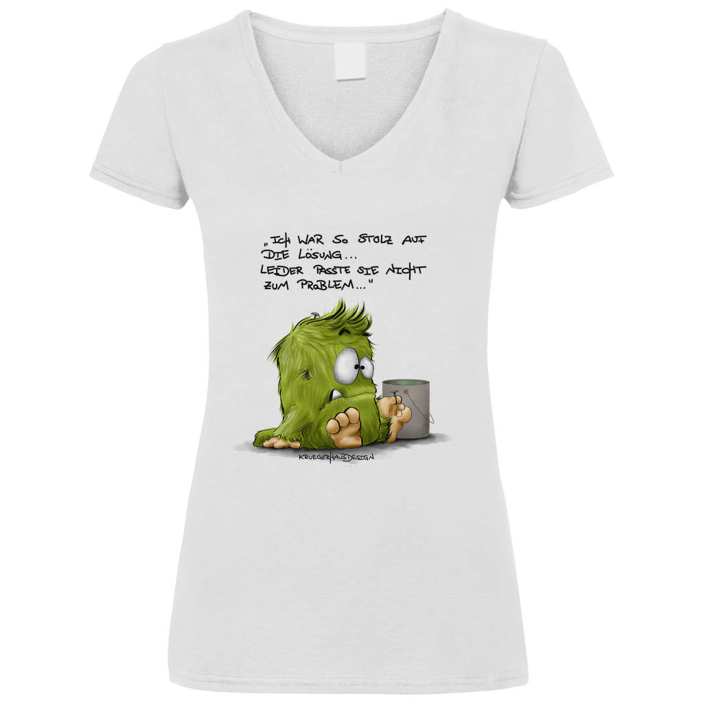 Damen Basic V-Neck T-Shirt, Kruegerhausdesign Monster Spruch, Ich war so stolz auf die... 298