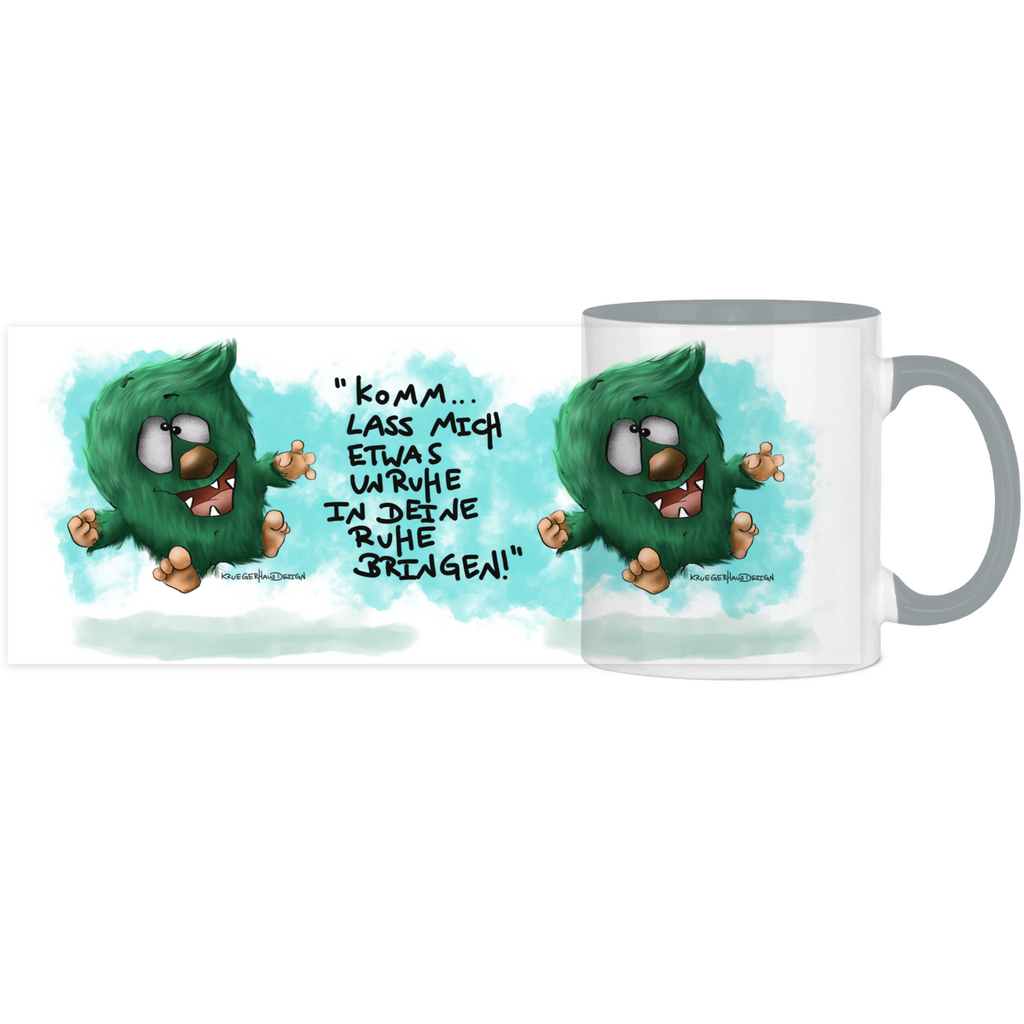 Tasse, Kaffeetasse, Teetasse, zweifarbig, Kruegerhausdesign Monster mit Spruch, 2. Variante, Komm lass mich etwas Unruhe...