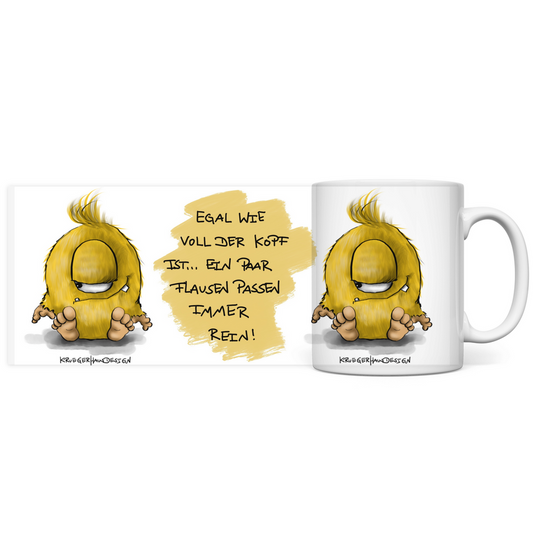 Tasse, Kaffeetasse, Teetasse, Kruegerhausdesign Monster mit Spruch, 2. Variante, Egal wie voll der Kopf ist...