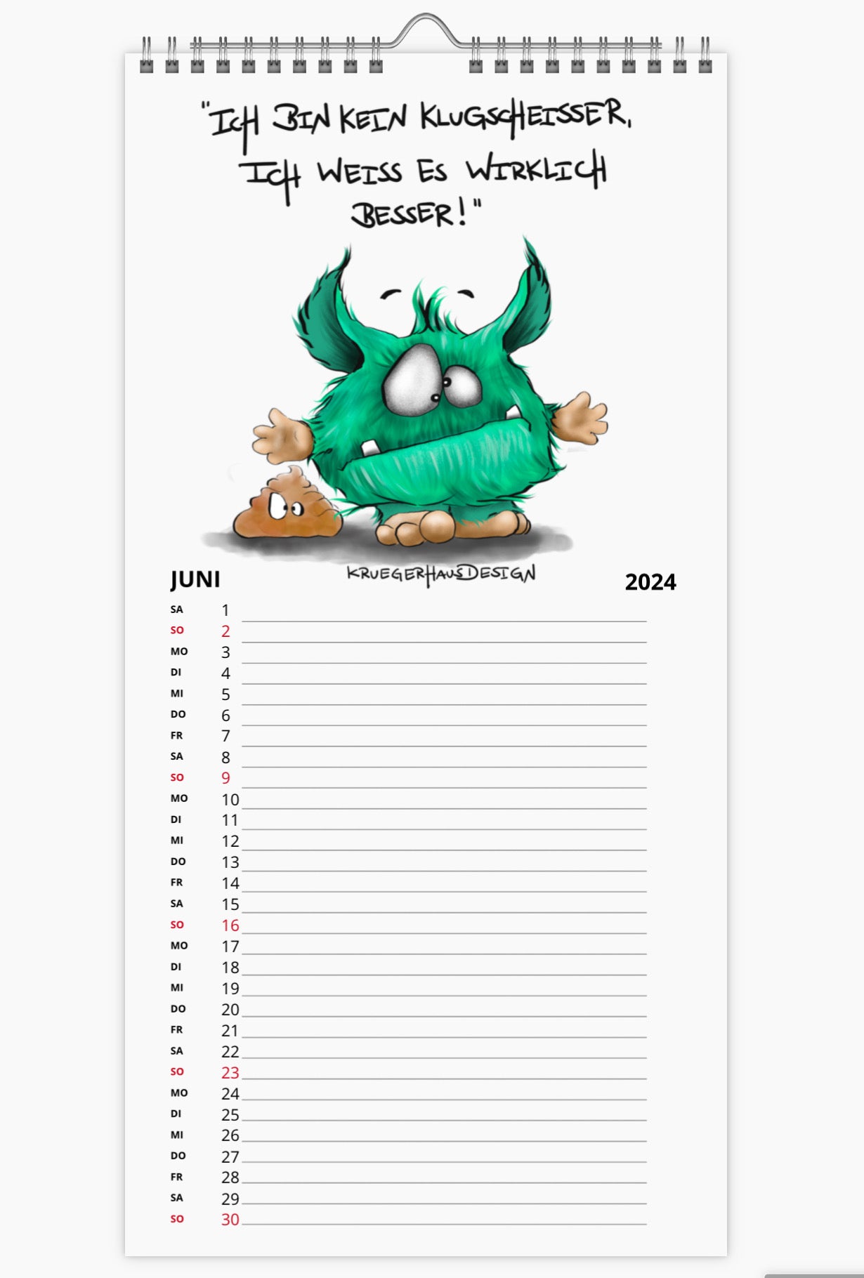Kalender Terminkalender Küchenkalender groß  Kruegerhausdesign Monster 2024 Design  2