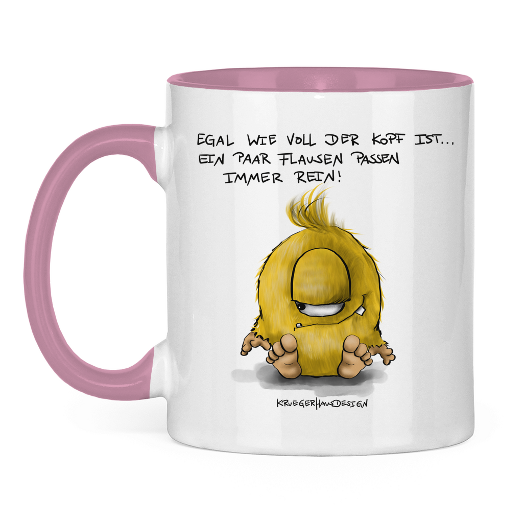 Tasse zweifarbig, Kaffeetasse, Teetasse, Kruegerhausdesign Monster und Spruch, Egal wie voll der Kopf ist, ein paar Flausen... #79