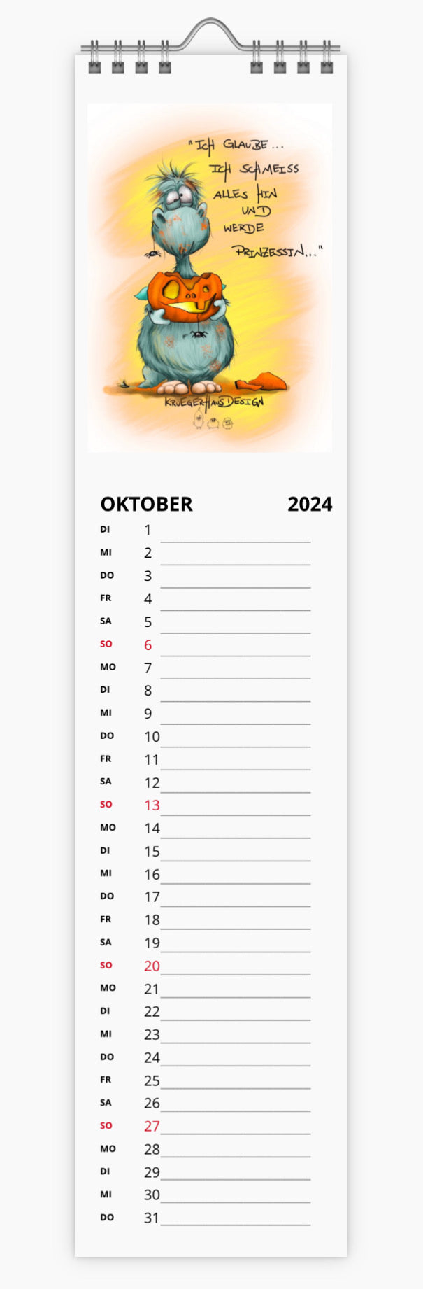 Kalender Terminkalender Küchenkalender schmal Olli und Hugo Kruegerhausdesign Monster 2024