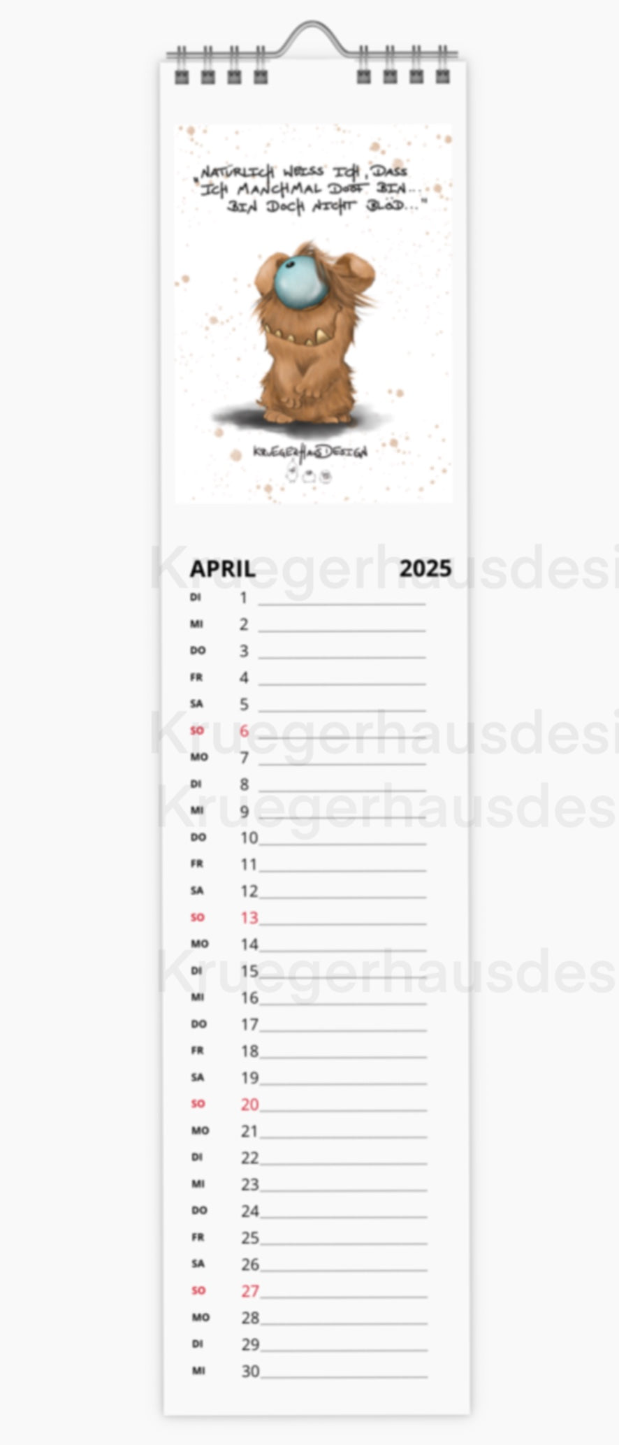 Kalender Terminkalender Küchenkalender schmal  Kruegerhausdesign Monster 2025