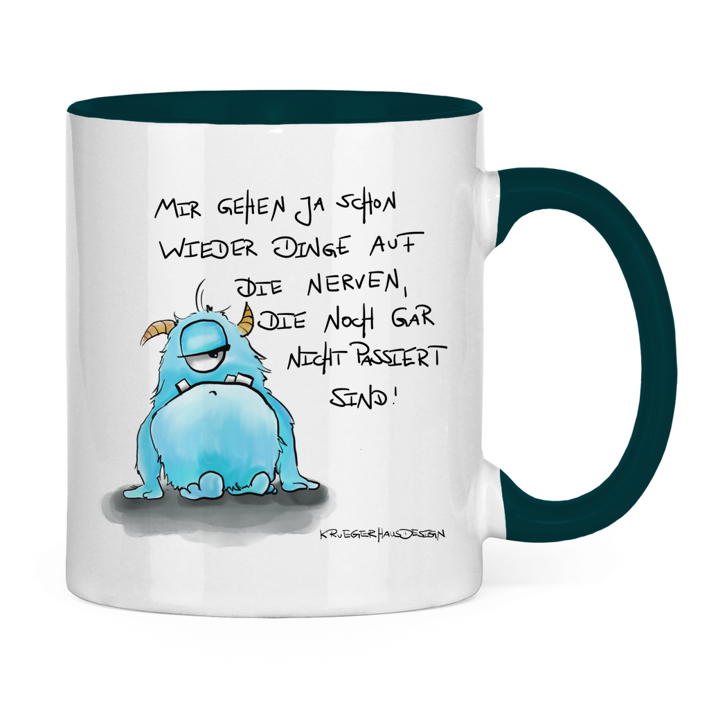 Tasse zweifarbig,Kaffeetasse, Teetasse, Kruegerhausdesign Monster mit Spruch, Mir gehen ja schon wieder Dinge auf die Nerven... #59