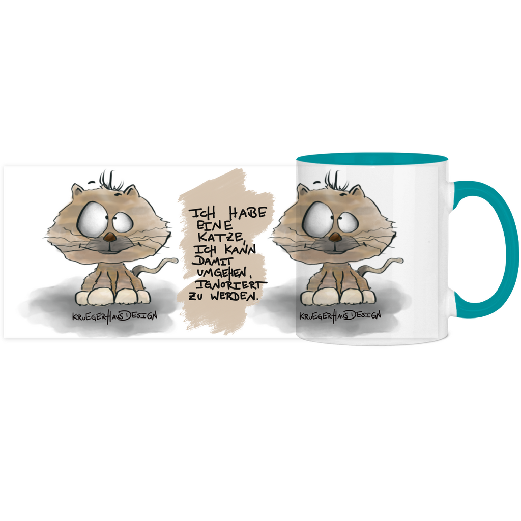 Tasse, Kaffeetasse, Teetasse, zweifarbig, Kruegerhausdesign Monster mit Spruch, 2. Variante, Ich habe eine Katze...