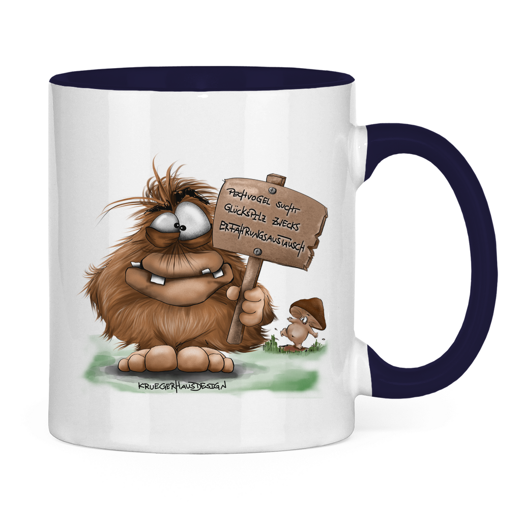 Tasse zweifarbig, Kaffeetasse, Teetasse, Kruegerhausdesign Monster mit Spruch, Pechvogel und Glückspilz