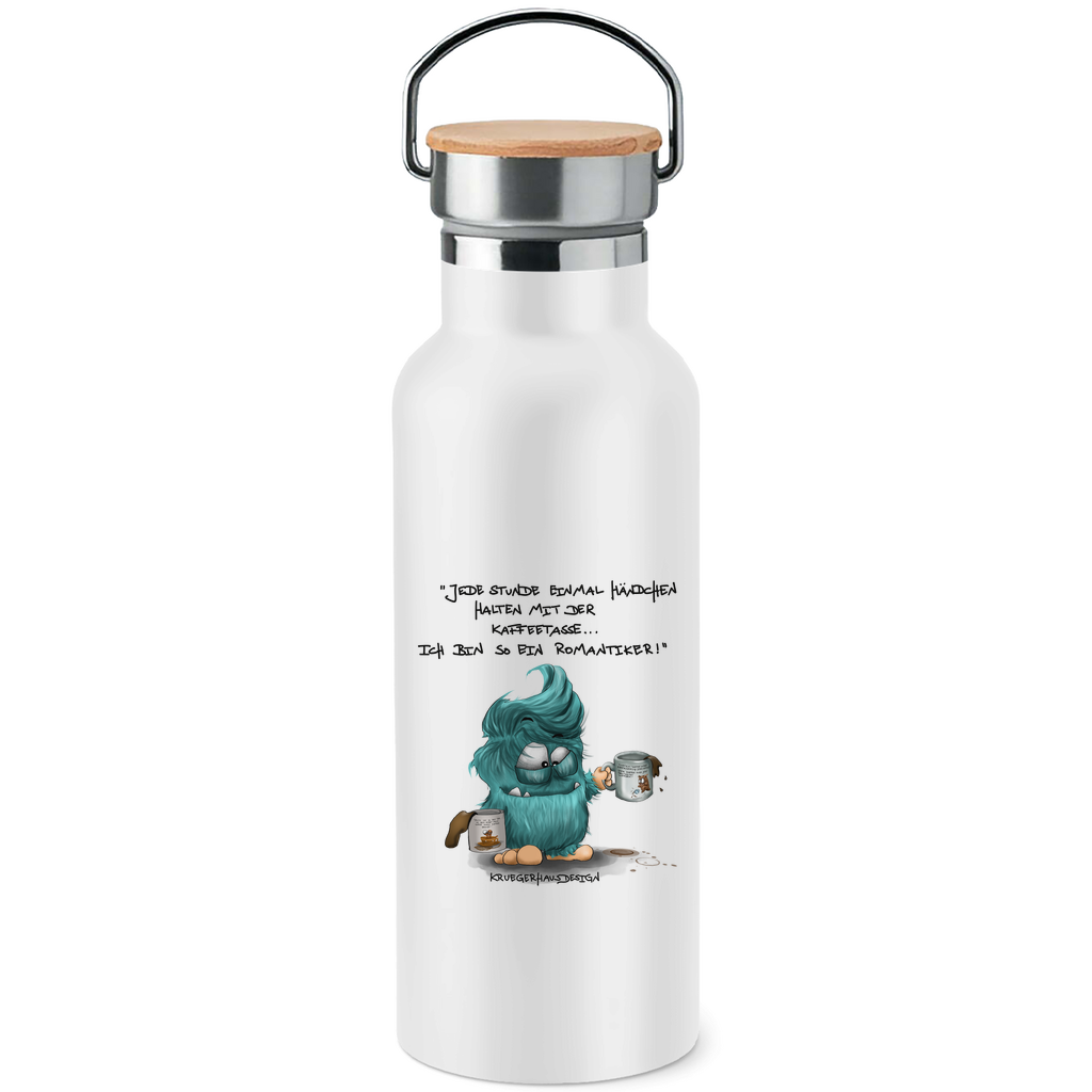 Edelstahl-Trinkflasche mit Bambusdeckel, Kruegerhausdesign Monster mit Spruch, Jede Stunde einmal Händchen... #180