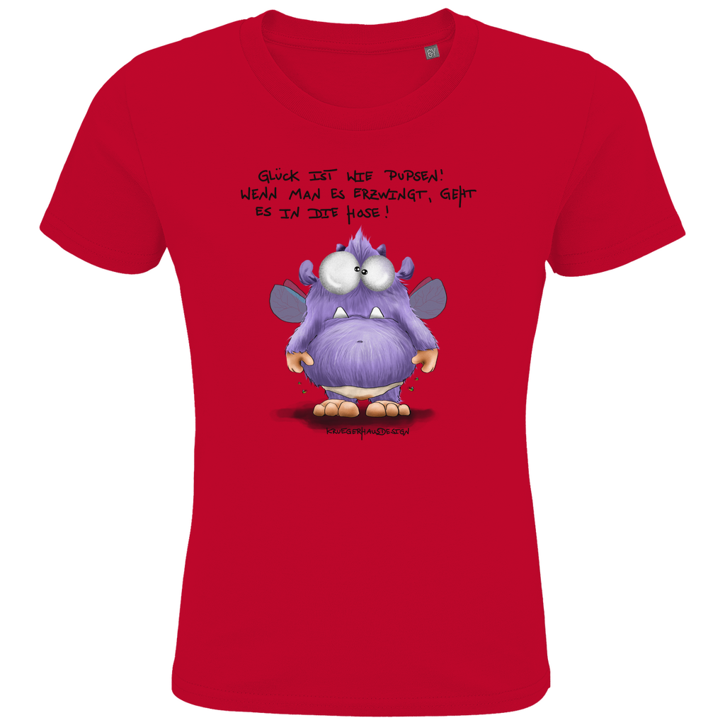Kids Premium Bio T-Shirt, Kruegerhausdesign Monster Spruch, schwarze Schrift, Glück ist wie Pupsen... #139