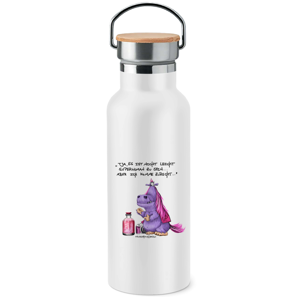 Edelstahl-Trinkflasche mit Bambusdeckel, Kruegerhausdesign Monster mit Spruch, Tja, es ist nicht leicht Superwoman... #314