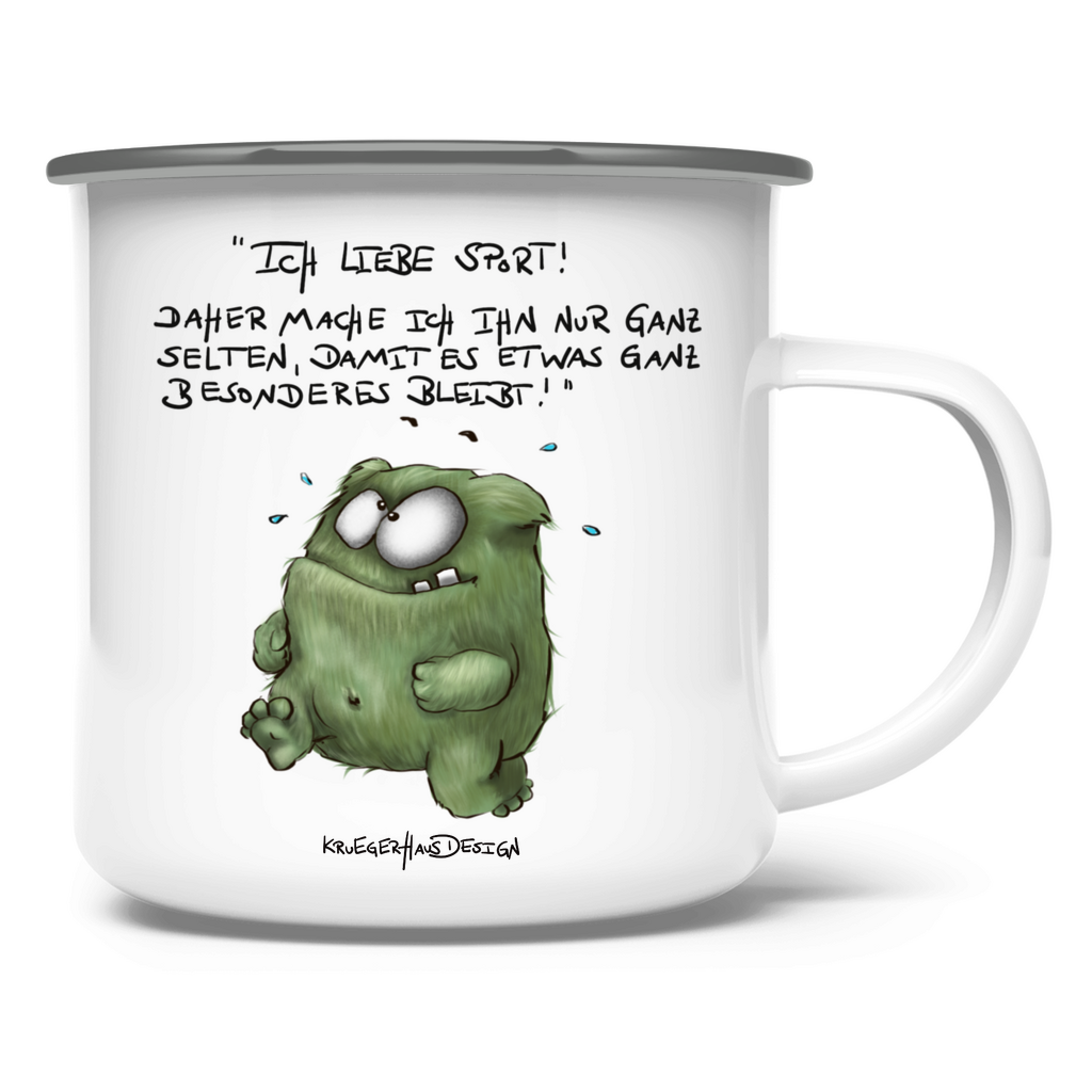 Emaille Tasse, Outdoor, Camping, Kruegerhausdesign Monster und Spruch, Ich liebe Sport! ... #27