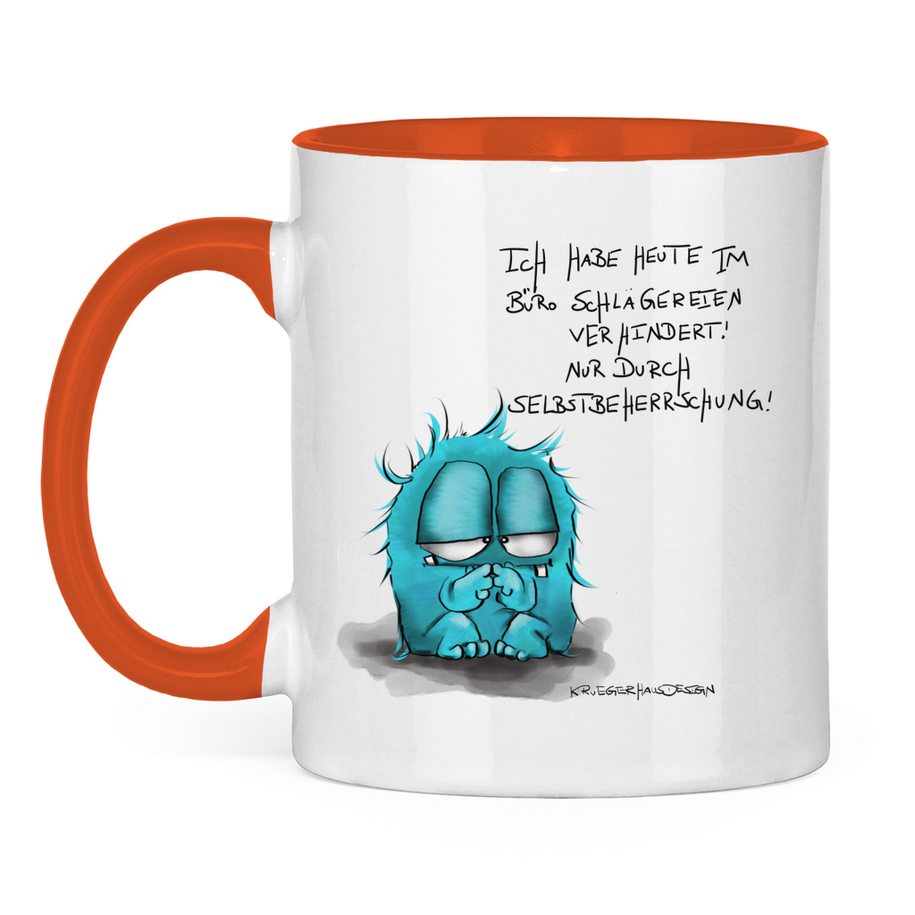 Tasse zweifarbig, Kaffeetasse, Teetasse, Kruegerhausdesign Monster mit Spruch, Ich habe heute im Büro Schlägereien... #61