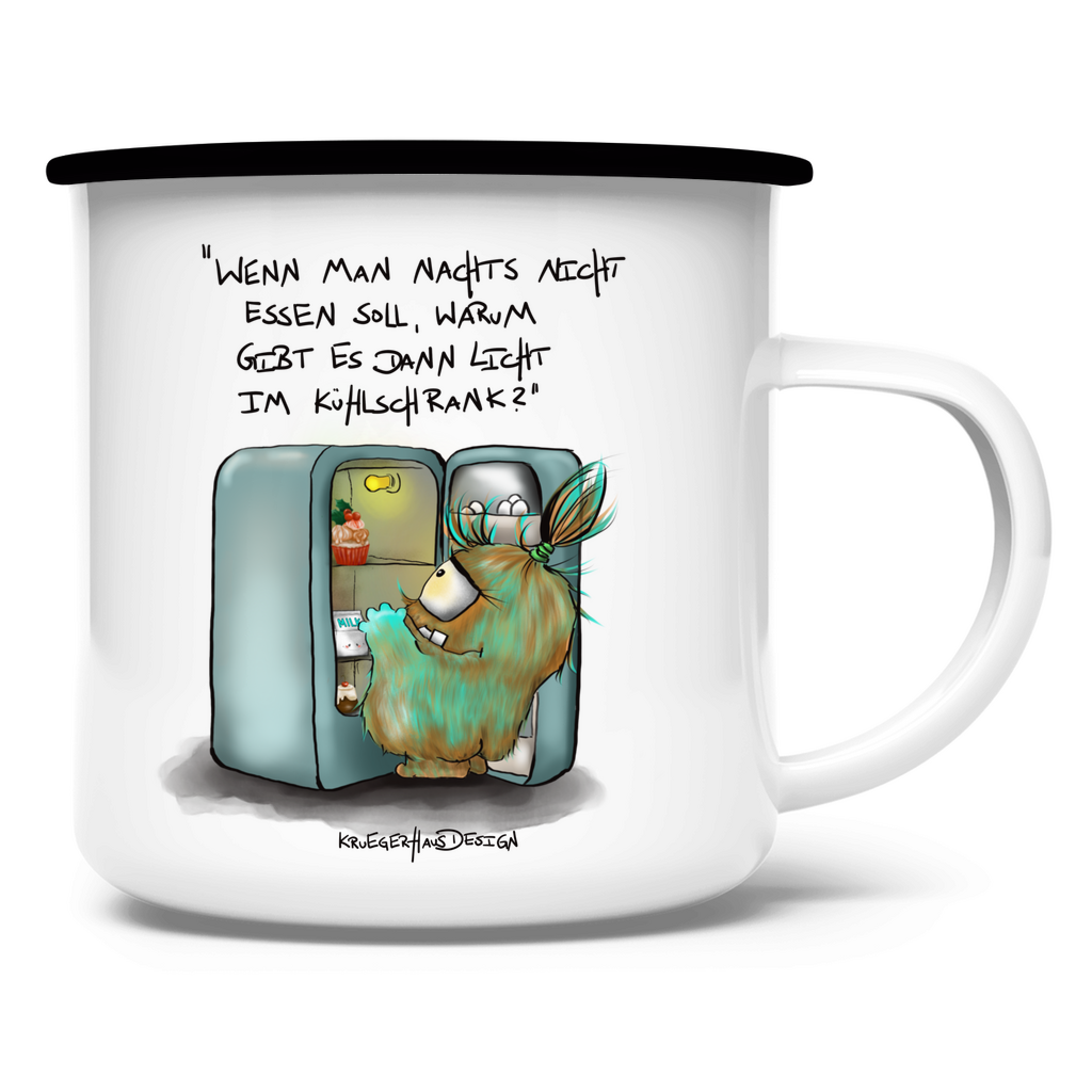 Emaille Tasse, Outdoor, Camping, Kruegerhausdesign Monster mit Spruch, Wenn man nachts nicht essen soll... #43