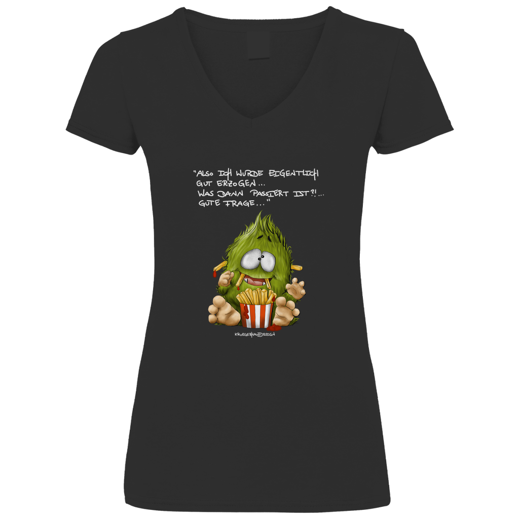 Damen Basic V-Neck T-Shirt, Kruegerhausdesign Monster Spruch helle Schrift, also eigentlich bin ich gut... 297a