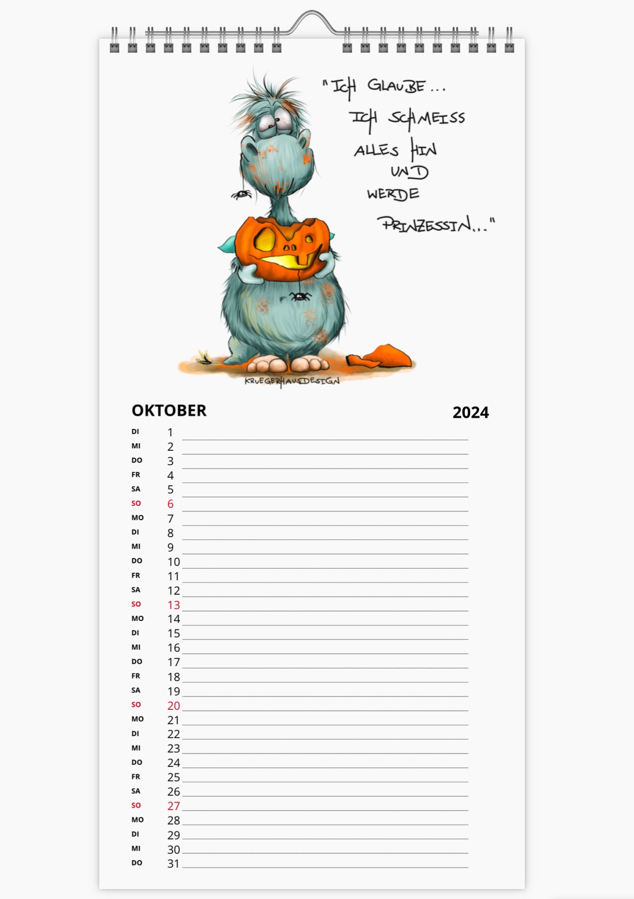 Kalender Terminkalender Küchenkalender groß  Kruegerhausdesign Monster 2024 Design  3