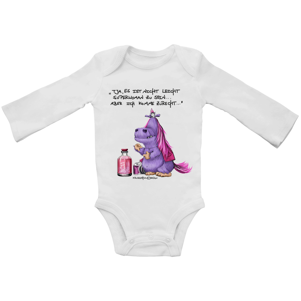 Baby Bio Bodysuite Langarm, Body, Kruegerhasudesign Monster mit Spruch,Tja, es ist nicht leicht Superwoman... #314 #314