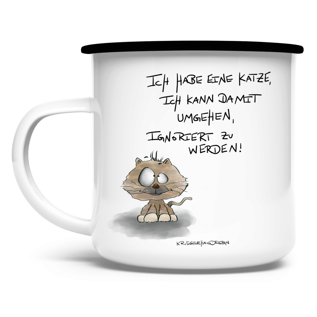 Emaille Tasse, Camping, Outdoor, Kruegerhausdesign Monster mit Spruch, Ich habe eine Katze... #64