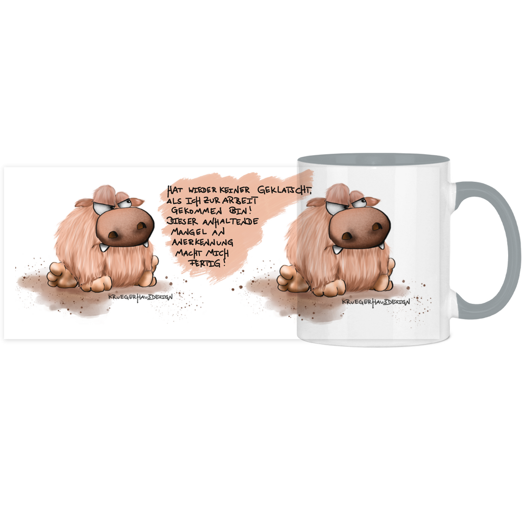 Tasse, Kaffeetasse zweifarbig, Kruegerhausdesign mit Monster und Spruch „Hat wieder keiner geklatscht…“ Volldruck, 2. Variante