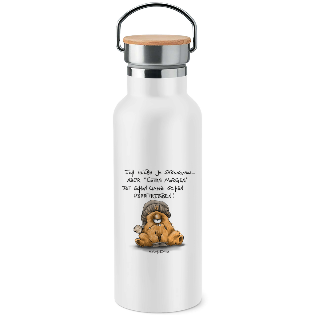 Edelstahl-Trinkflasche mit Bambusdeckel, Kaffeetasse, Teetasse, Kruegerhausdesign Monster mit Spruch, Sarkasmus