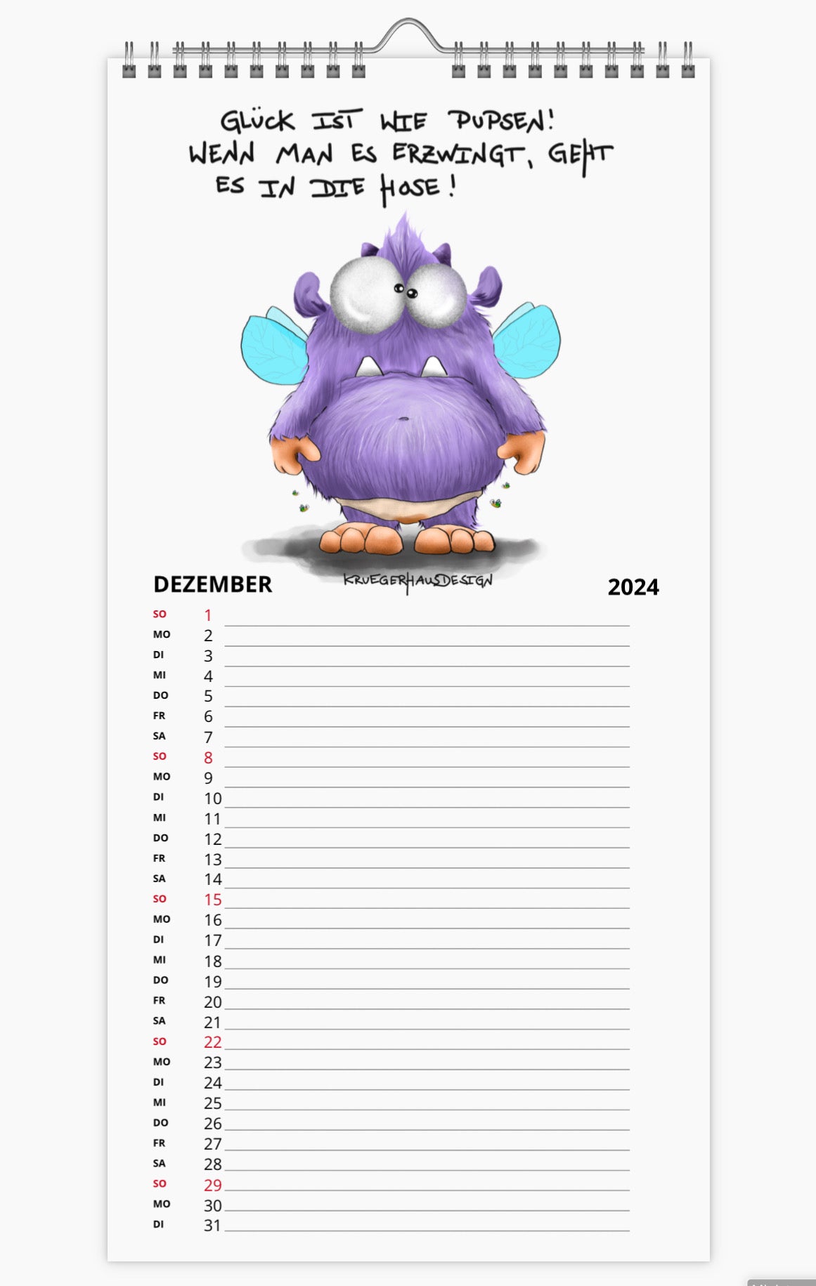 Kalender Terminkalender Küchenkalender groß  Kruegerhausdesign Monster 2024 Design  1