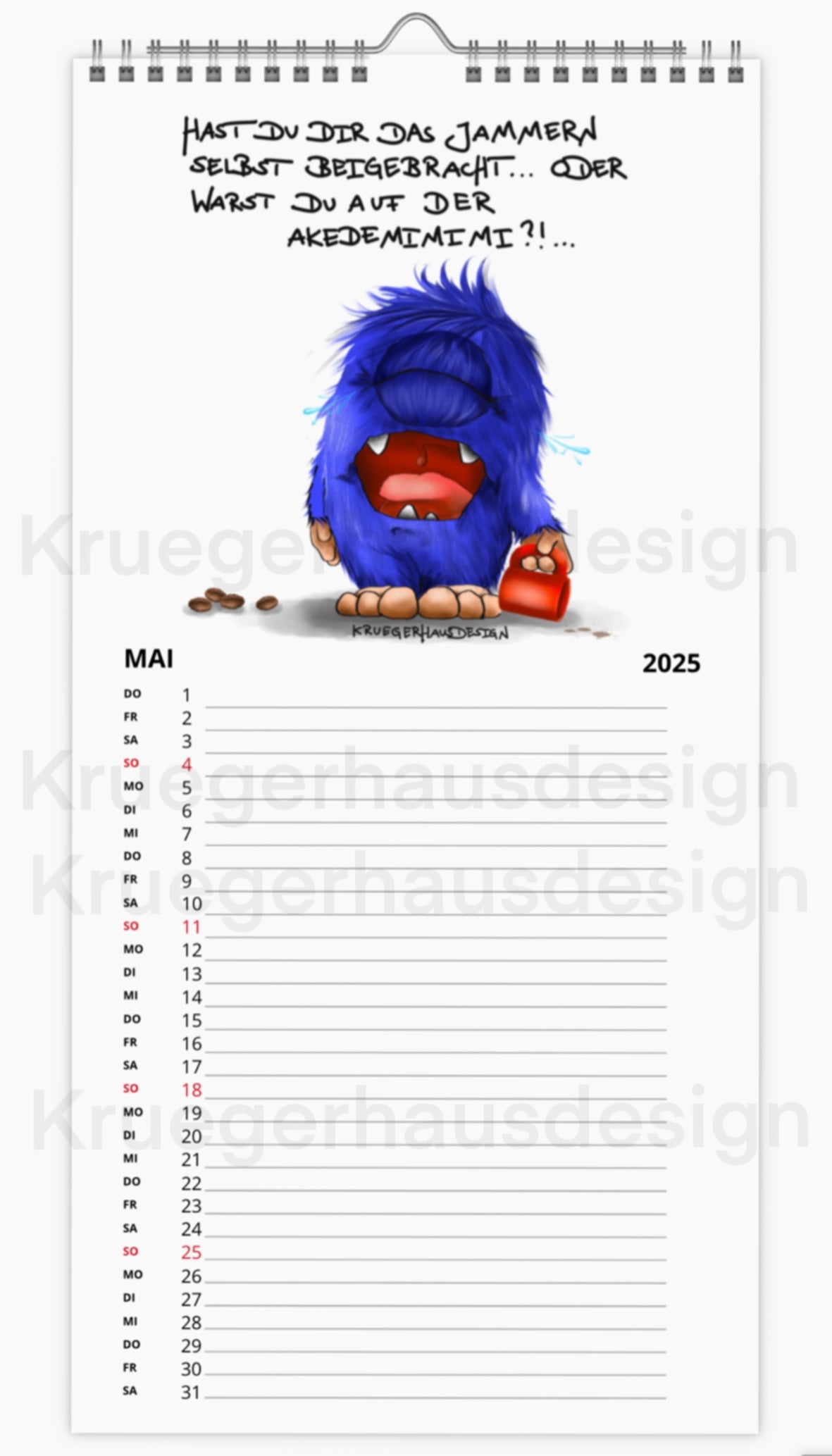 Kalender Terminkalender Küchenkalender groß  Kruegerhausdesign Monster 2025 Design  1