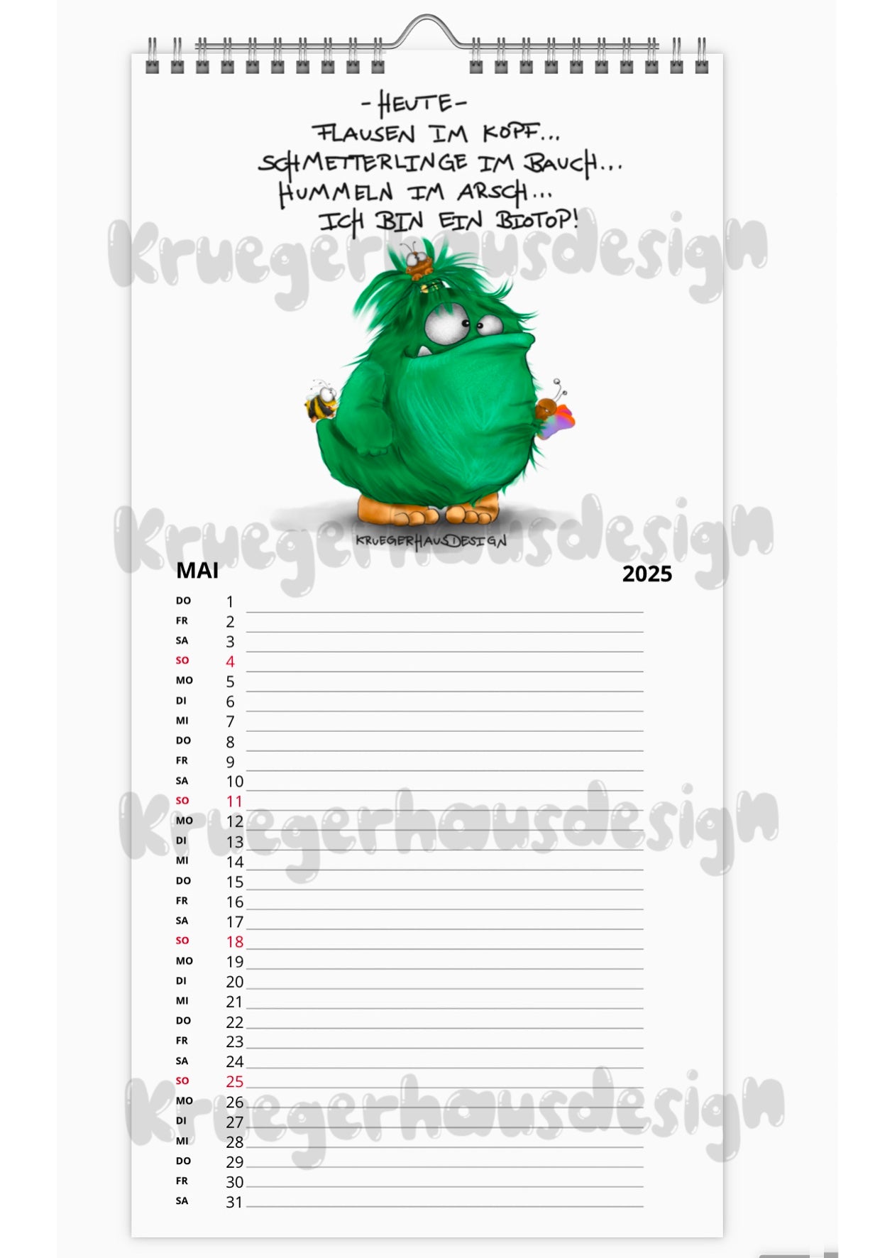 Kalender Terminkalender Küchenkalender groß  Kruegerhausdesign Monster 2025 Design  3