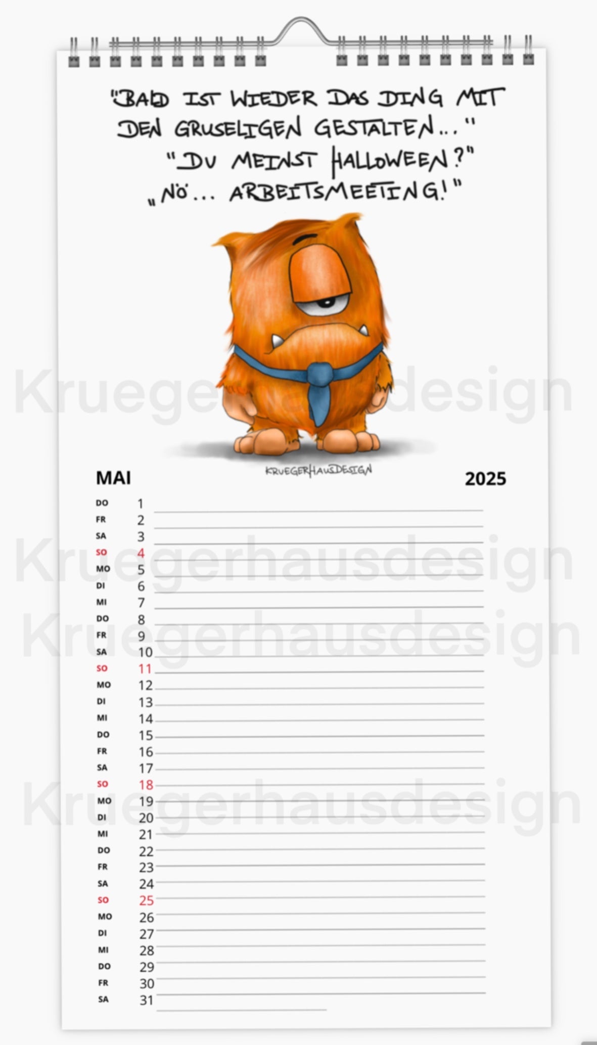 Kalender Terminkalender Küchenkalender groß  Kruegerhausdesign Monster 2025 Design  2